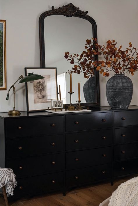 Black Dresser Decor, Dark Home Aesthetic, Sideboard Decor Dining Room, Dining Room Buffet Table Decor, Bedroom Dresser Styling, Modern Mexican Home, European Bedroom, Buffet Table Decor, Black Dresser