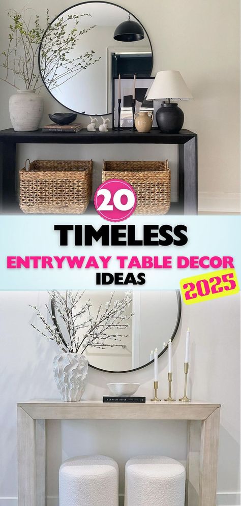 Get the best 2025 entryway table decor ideas to enhance your space. Classic designs meet modern elegance for a perfect first impression. Table At End Of Hallway, Minimalist Entry Table Decor, Decorating An Entryway Table, Round Mirror Entryway Decorating Ideas, Small Accent Table Decor, Front Door Table Entryway, How To Style Entryway Table, Hall Table Decor Ideas, Foyer Table Ideas