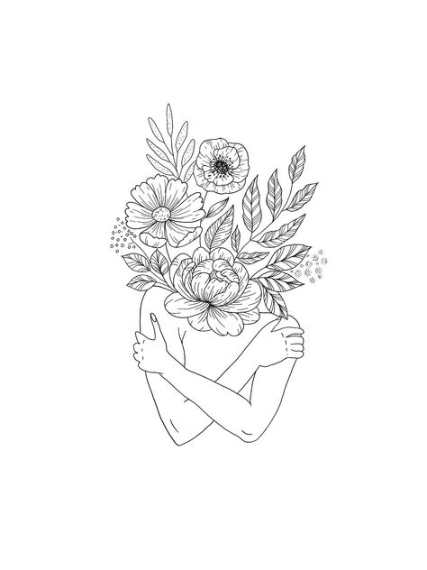 Body And Flower Tattoo, Baddie Patchwork Tattoo, Woman Holding Flowers Tattoo, Flowers Growing Out Of Body Tattoo, Self Love Back Tattoo, Flower Person Tattoo, Floral Body Tattoo, Strong Flower Tattoo, Flower Woman Tattoo