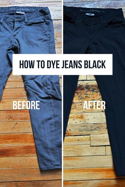 Text overlay reads "How to dye jeans black" over a before and after picture of jeans. How To Dye Jeans, Dye Jeans Black, Dye Jeans, Faded Black Jeans, Faded Jeans, Old Jeans, Fade To Black, Clothing Hacks, Jeans Black