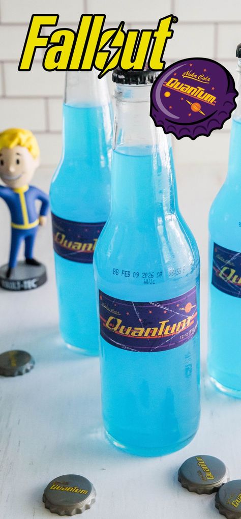 DIY Fallout Nuka Cola Quantum Nuka Cola Quantum Recipe, Fallout Recipes, Taco Bell Baja Blast, Nuka Cola Label, Baja Blast Freeze, Nuka Cola Recipe, Mountain Dew Baja Blast, Fallout Party, Ice Blender