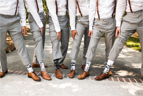 Gray Suit Brown Shoes Wedding, Gray Suit With Brown Shoes, Gray Suit Brown Shoes, Brown Suspenders Groomsmen, Brown Suspenders Wedding, Grey Suit Brown Shoes, Groomsmen Attire Grey, Grey Pants Brown Shoes, Suit With Suspenders