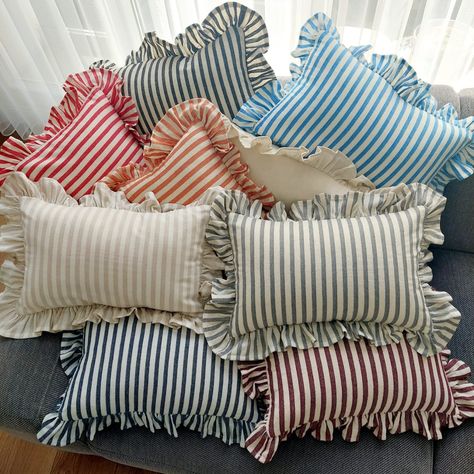 Bohemian Frill Linen Striped Pillow Cover - Different Color Options With Frill Edges - Hello Mello Store Ruffle Pillow, Ruffle Bedding, Striped Cushions, Striped Pillow, Kids Pillows, Diy Pillows, Stripe Pillow, Standard Pillow, Banquette