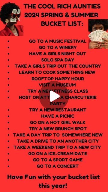 Davone Madison on Instagram: "SHARE THIS~ I made this list for the cool rich aunties .... a road map to have an amazing spring/summer! Enjoy checking things off this bucket list this year! 🙌🏽💪🏽😍💅🏾

#bucketlist #bucketlistadventures #bucketlisttravel #richauntie #richauntievibes #richaunties #coolauntie #summervibes #summertime #springtime #springtimevibes #explorepage #blackwomen #solotravel #solotravelers #girlstrip" Road Map, Travel Bucket List, Solo Travel, The Cool, Girls Trip, Spring Time, Summer Fun, Summer Vibes, Bucket List