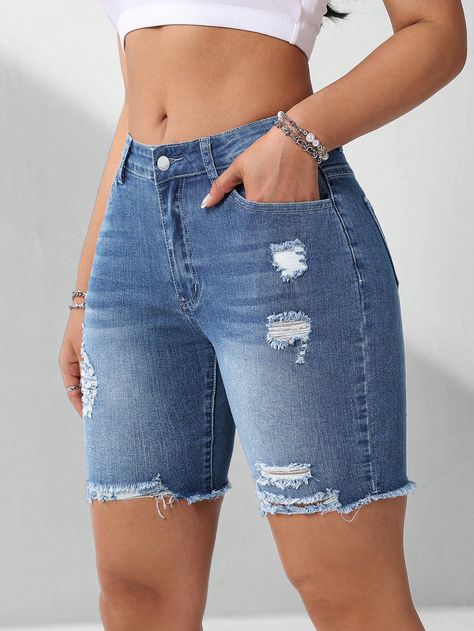 Medium Wash  Collar  Denim Plain Biker Shorts Embellished Medium Stretch  Women Clothing Mode Queer, Shorts For Ladies, Kids Fashion Wear, Women Denim Shorts, Jean Short Outfits, Denim Shorts Outfit, Casual Chic Outfits, Dressy Shorts, Jean Short