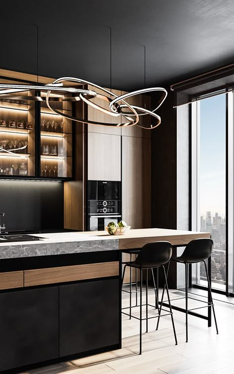 Kitchen Island Luxury Modern, Dark Penthouse Kitchen, Penthouse Black Interior Design, Nyc Penthouse Luxury Kitchen, New York City Apartment Luxury Kitchen, Modern Kitchen Interiors, Apartment Projects, Kitchen Dinning, Minimalist Interior Design