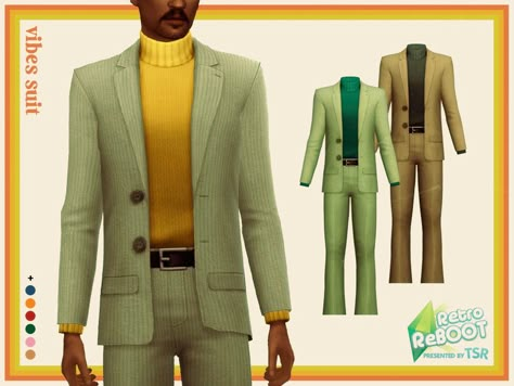 Sims 4 — [pixelette] Vibes Suit (Retro ReBOOT) by pixelette — - New mesh / EA mesh edit - BGC - All LODs - 28 swatches - Cc Men, Sims 4 Men Clothing, Sims 4 Decades Challenge, Sims 4 Male Clothes, Clothes Cc, Die Sims 4, 70s Clothing, Sims 4 Mm Cc, Sims 4 Dresses