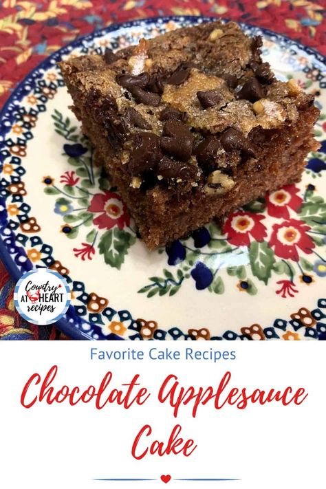 This Chocolate Applesauce Cake is a family favorite. One of the sweetest things about this recipe is the chocolate nut topping. It's so easy to toss together. No frostings to worry about. And yet, it's still delicious. As it bakes, it forms this sugary crust that is simply scrumptious. #chocolateapplesaucecake #cake #desserts #familyrecipes #chunkyapplesauce #cakeswithnofrosting #snackcakes #countryatheartrecipes https://countryatheartrecipes.com/2014/06/chocolate-applesauce-cake/ Chocolate Applesauce Cake Recipe, Applesauce Cake Recipe, One Layer Cakes, Heart Recipes, Apple Sauce Recipes, Applesauce Cake, Chocolate Chip Cake, Homemade Applesauce, Baking Cocoa