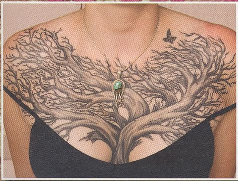 Tree On Chest Tattoo, Tree Chest Tattoo Female, Chest Tree Tattoo, Tree Chest Tattoo, Tree Chest, Tree Tattoo Chest, Underbust Tattoo, Disney Oc, Flesh Art