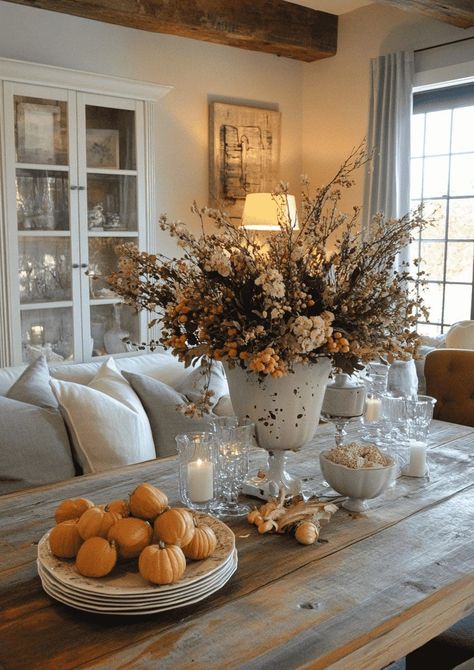 30 Best Fall Centerpiece Ideas for Every Style 106 30 Best Fall Centerpiece Ideas for Every Style Fall Table Vignettes, Fall Decor Vignettes, French Country Fall Decorating Ideas, Fall Island Decor, Fall Buffet Table Decor, Modern Fall Table Decor, Fall Hutch Decor, Coffee Table Fall Decor Ideas, Dusty Autumn