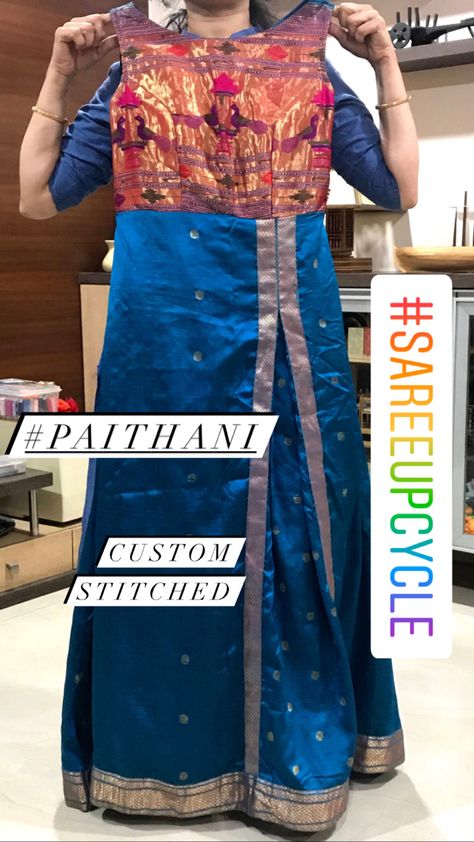 Saree One Piece Gown With Jacket, Saree One Piece Dress Pattern, Indo Western Dress From Saree, Sadi Dresses Design One Piece, Indo Western Outfits From Old Saree, One Piece Dress From Old Saree, Upcycling Sarees, Saree One Piece Dress, Anarkali Suits From Old Saree