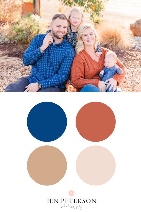 This sweet family's outfit coordination was SPOT on! Royal Blue button up shirt for dad, burnt orange sweater for mom, blue sleeper for baby and a gorgeous blue/tan/orange dress for sister that tied it all together! See more of their family photos on the blog, link below. #familyoutfitideas #familyoutfitcoordination Family Photos Royal Blue, Royal Blue Fall Outfits, Blue And Orange Family Pictures, Fall Family Pics Burnt Orange, Family Photo Outfits Royal Blue, Orange And Blue Family Photo Outfits, Burnt Orange Family Pictures, Burnt Orange Photoshoot Family, Family Photos Burnt Orange