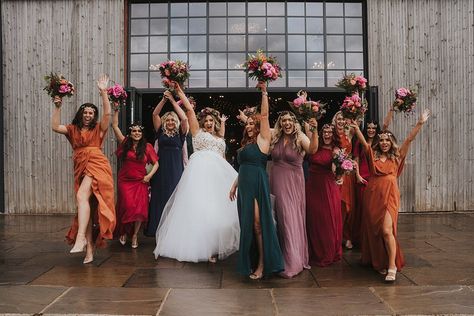 Bridesmaids Dresses Jewel Colours Orange Pink Green Red Fun Colourful Barn Wedding Firewood Film #wedding #bridesmaids Multicoloured Bridesmaid Dresses, Autumn Bridesmaid Dresses, Jewel Tone Bridesmaid Dresses, Jewel Tone Bridesmaid, Sparkly Bridesmaid Dress, Jewel Colours, Bridesmaid Dress Shoes, Emerald Green Bridesmaid Dresses, Fall Bridesmaids