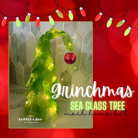 Sea Glass Tree Diy, Christmas Sea Glass Art, Seaglass Tree, Sea Glass Tree, Sea Glass Christmas Tree, Grinch Tree, Sea Glass Diy, Grinch Wreath, Grinch Trees