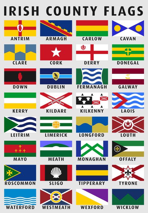 Flags of the Counties of Ireland redesign [OC] All Country Flags With Name, Bantry Ireland, Flag Ireland, Flag Of Northern Ireland, Counties Of Ireland, County Flags, Flag Of Scotland, Irish Things, Irish Genealogy