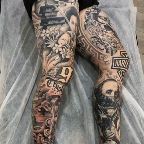 Thigh Piece Tattoos Men, Buttocks Tattoo Men, Gangsta Leg Sleeve, Leg Sleve Ideas For Men, Mens Leg Sleeve Tattoo Design, Lower Leg Sleeve Tattoo Mens, Full Leg Sleeve Tattoo Male, Full Leg Sleeve Tattoos For Guys, Leg Sleeve Tattoo Male Design