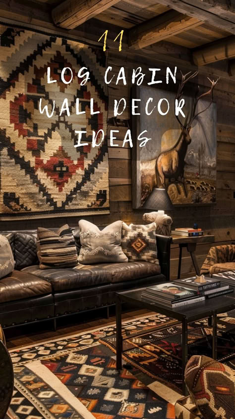 Time to elevate your cabin walls? 🎨🏞️ Click for unique log cabin wall decor ideas that blend nature with artistry. #CabinWalls #LogCabinDecor #NatureArtistry #UniqueDecor #ElevateInteriors Log Cabin Wall Mural, Southwest Home Decor Ideas, Aztec Cabin Decor, Moody Log Cabin Interior, Western Living Room Decor Ideas, Cabin Theme Living Room, Taxidermy Decor Living Room, Southwest Living Room Decor, Cabin Wall Decor Ideas