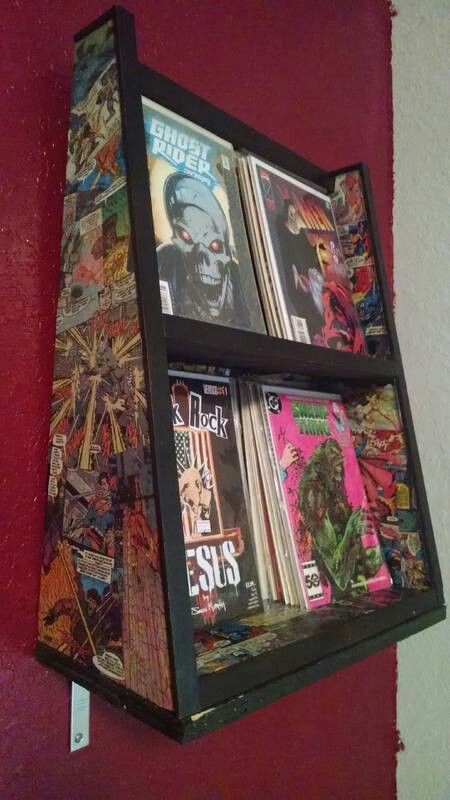 Book Storage Ideas Diy, Comic Book Storage Ideas, Hobbies Room, Comic Book Bedroom, Comic Book Rooms, Downtown Mtv, Comic Book Crafts, Book Storage Ideas, Comic Book Makeup