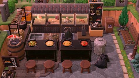 I created my own little restaurant on my animal crossing new horizons island and I love it!!! Animal Crossing Food Market, Acnh Outside Cafe Ideas, Acnh Restaurant Outdoor, Acnh Restaurant Designs Outside, Acnh Convenience Store Design, Shops Acnh Ideas, Animal Crossing Restaurant Ideas Outside, Acnh Island Shop Ideas, Acnh Outdoor Restaurant Designs