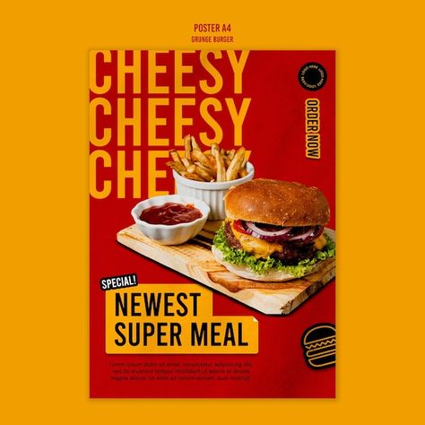 Grunge burger poster template | Free Psd #Freepik #freepsd #hamburger-fast-food #food-hamburger #burger-fast-food #hamburger Food Banner Design, Burger Poster, Culinary Food, Poster Food, Burger Food, Food Promotion, Restaurant Poster, Poster Template Free, Fast Food Menu