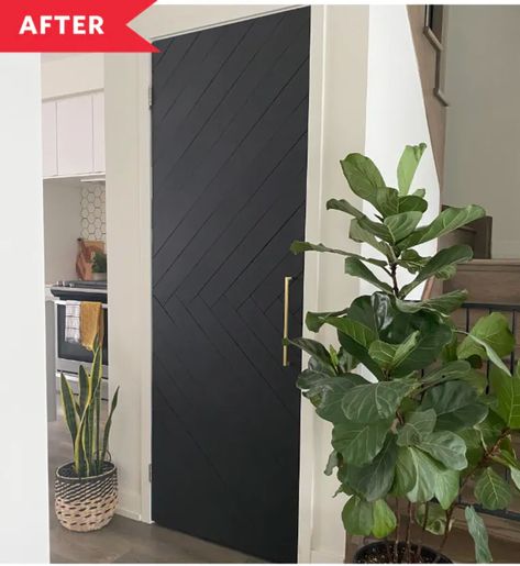 Modern Natural Wood Door, Geometric Door Diy, Updating Pantry Door, Basement Doors Interior, Interior Door Update Diy, Herringbone Door Diy, Geometric Door Design, Basement Door Ideas Interior, Pantry Door Update