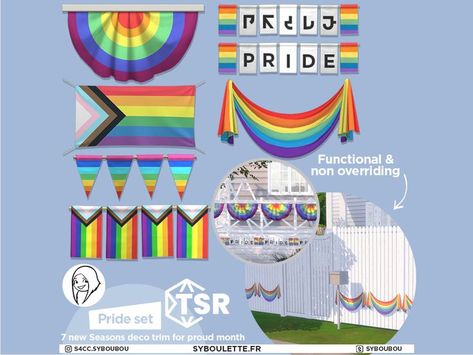 Decor Cc Sims 4, Sims Stories, Sims 4 Cas Mods, Sims 4 Clutter, Fence Decor, Sims 4 Build, Cc Sims, Rainbow Flag, Sims 4 Clothing