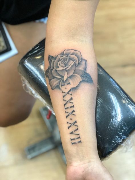 Loyalty Over Love Tattoo In Chinese, One Rose Tattoo, Rose With Roman Numerals Tattoo, Rose With Roman Numerals, 2006 Tattoo Ideas, Small Tattoos For Guys Arm, Roman Numerals Tattoo, Numerals Tattoo, Maui Tattoo