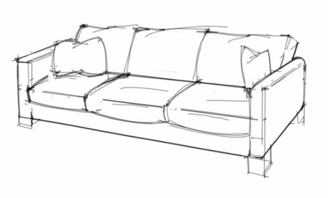 ID render: How to draw a sofa that looks comfortable Sofa Drawing Reference, Couch Reference Drawing, Couch Sketch Design, Couches Drawing, How To Draw A Sofa, How To Draw A Couch, Couch Drawing Reference, Sofa Perspective Drawing, Sofa Drawing Sketch