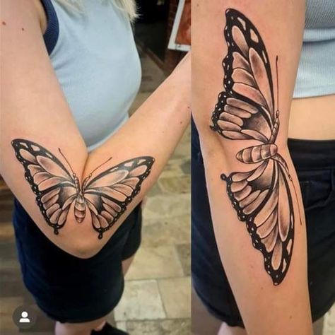 Moth Tattoo Open Close, Butterfly Moth Tattoo Elbow, Butterfly Tattoo Piece, Butterfly Arm Tattoo Elbow, Tattoo Ideas For Elbow Women, Butterfly Knee Crease Tattoo, Butterfly Crease Elbow Tattoo, Outside Elbow Tattoos For Women, Opening Butterfly Arm Tattoo