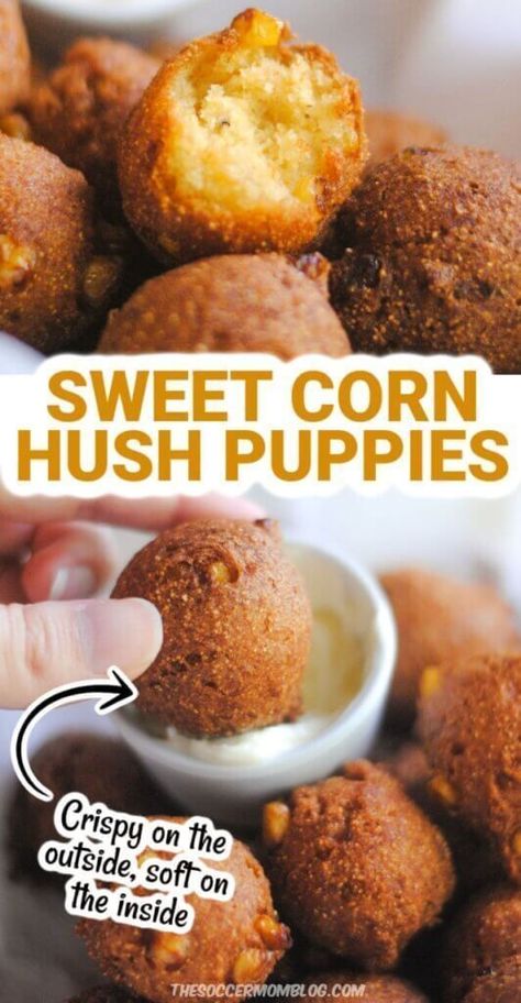 Ddd Recipes Food Network, Blueberry Hush Puppies Recipe, Deep Fried Cornbread, Corn Hush Puppies Recipe, Stuffed Hush Puppies, Corn Hush Puppies, Hush Puppies Recipe With Corn, Air Fryer Hush Puppies, Baked Hush Puppies