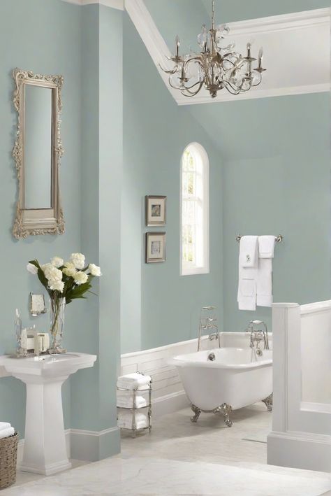 interior designer services,home design ideas,paint color consultation,luxury interior design Small Bathroom Wall Colors, Sw Misty, Relaxing Bathroom Colors, Tray Ceiling Bedroom, Blue Bathroom Walls, Bathroom Wall Colors, Best Bathroom Colors, Bathroom 2024, Materials Board Interior Design