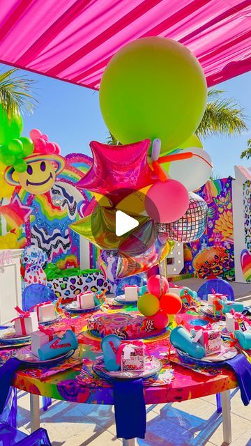 Lisa Frank Decorations, Lisa Frank Party Decorations, Neon Decorations Party, Lisa Frank Party Ideas, Lisa Frank Cake, Lisa Frank Birthday, Lisa Frank Party, Lisa Frank Birthday Party, Dolphin Birthday Parties