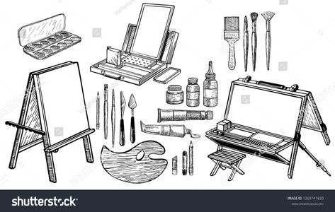 Art Tools Illustration, Easel Drawing, Sketching Supplies, Tools Illustration, Artist Workspace, Sketching Tools, Artist Workshop, Paint Tubes, Workshop Design