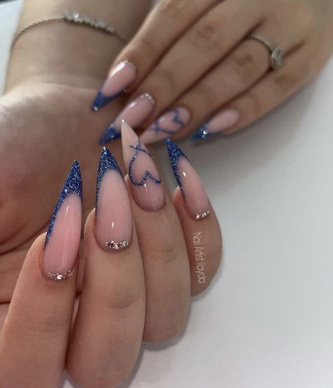 Dark Sparkly Nails, Blue Sparkle Nails, Realistic Nails, Blue Sparkly Nails, Blue French Nails, Blue Nail Inspo, Long Nail Ideas, Blue Stiletto Nails, Blue Prom Nails