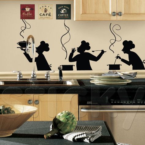 Sticker "Chefs" Bistro Wall Art, Wall Stickers For Restaurant, Kitchen Mural Ideas Paintings, Restaurant Wall Painting Art, Kitchen Wall Drawing Ideas, Kitchen Mural Ideas, Kitchen Wall Painting, Chefs Kitchen Theme, Kitchen Wall Mural