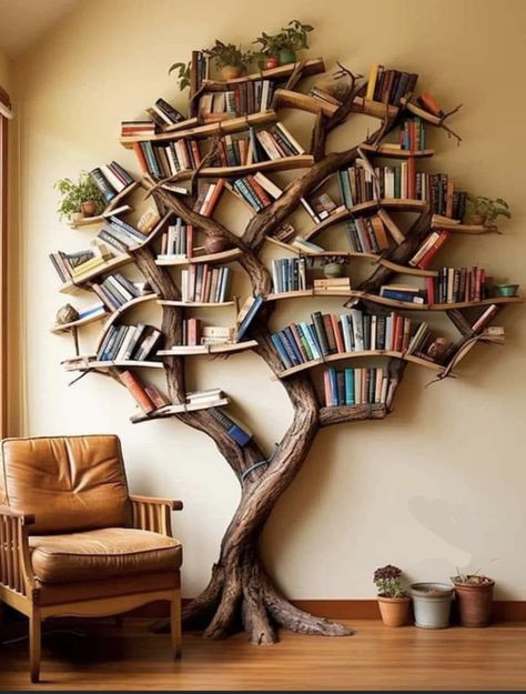 Branch Shelves, Unique Bookshelves, Natural Tree, Home Library Design, Modern Kitchen Design Open Concept, Library Design, Tree Branch, Home Library, Book Shelf