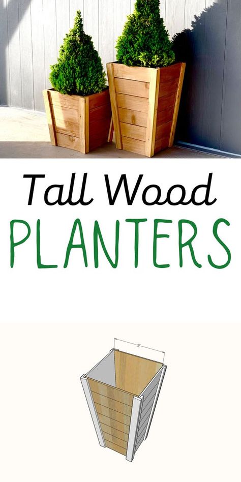 Easy Wooden Planter Boxes, Wooden Pots For Plants Outdoor, Tall Cedar Planters, Diy Tapered Planter, Easy Wood Planters Diy, Tall Wood Planters Diy, Tall Cedar Planter Boxes, Tall Planter Ideas Outdoor, Fence Picket Planter Boxes