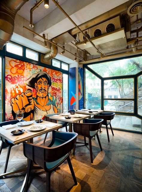 The Walls Of This Restaurant Are Filled With Street Art Café Design, Art Restaurant, Restaurant Lounge, French Cafe, Bar Interior, Bar Design Restaurant, Nightlife Travel, Fine Dining Restaurant, Restaurant Interior Design