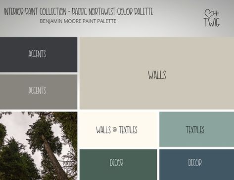 Pacific Northwest Bedding, Colours That Go With Pine Wood, Interior Home Color Schemes Modern, Pnw Decor Pacific Northwest, Forest Inspired Home Decor, Pnw Paint Colors, Pacific Northwest Paint Colors, Pacific Northwest Homes Interiors, Pacific Northwest Nursery