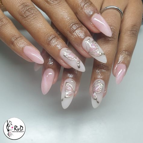 This design features a gorgeous pink and white color scheme with delicate butterfly details, perfect for adding a touch of elegance to your look. 🦋💅 #freehandnailart #Rvd #nails4today #nailinspo2024 #acrylicnails #gelnails Butterfly Simple Nails, Butterflies Nails Design, French Nails With Butterfly, Ombre Butterfly Nails, Butterfly Almond Nails, Pink Nails Butterfly, Nails Acrylic Butterfly, Simple Butterfly Nails, Pink Elegant Nails