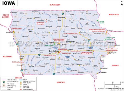 Iowa map showing the major travel attractions including cities, points of interest, and more. Iowa Map, Us State Map, Sister Trip, Dubuque Iowa, 4th Grade Social Studies, Born In The Usa, Dodge City, Orange City, Forest City