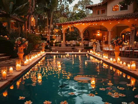 30 Stunning Outdoor Wedding Lighting Ideas | Garden Lighting Poolside Wedding Ideas, Candles Around Pool, Romantic Ethereal Wedding, Nightime Wedding, Outdoor Wedding Lighting Ideas, Poolside Wedding Reception, Wedding Lighting Ideas, Paver Lights, Outdoor Wedding Lighting