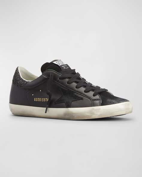 Golden Goose Superstar Leather Glitter Low-Top Sneakers | Neiman Marcus Golden Goose Black, Shoes Golden Goose, Golden Goose Superstar, Goose Shoes, Glitter Sneakers, Golden Goose Sneakers, Golden Goose Shoes, Golden Goose Deluxe Brand, Black Trainers