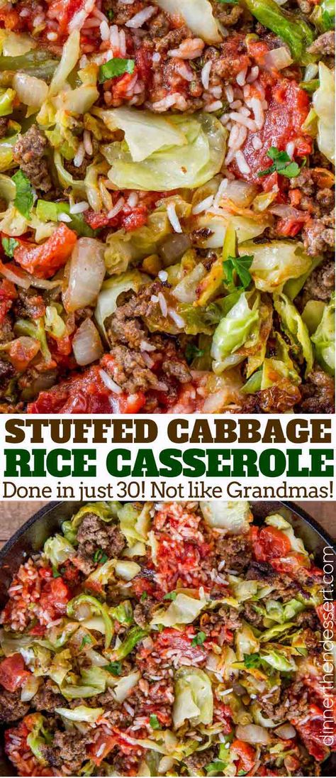 Stuffed Cabbage Casserole made with cabbage, beef, onions, rice and a chunky tomato sauce on your stovetop in just 30 minutes made crispy in a cast iron skillet. Not like grandma's cabbage rolls. Stuffed Cabbage Casserole, Cabbage Casserole Recipe, Chunky Tomato Sauce, Cabbage Beef, Cabbage Soup Recipe, Cabbage Casserole Recipes, Cabbage Roll Casserole, Cabbage And Sausage, Cabbage Casserole