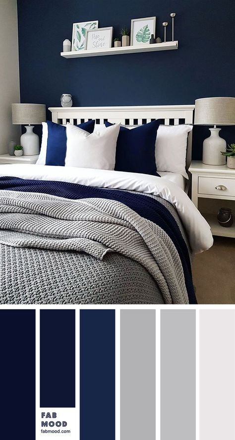 Bedroom color scheme ideas will help you to add harmonious shades to your home which give variety and feelings of calm. From beautiful wall colors... Grey Bedroom Colors, Blue Bedroom Colors, Navy Blue Wallpaper, Teenage Room Decor, Design Ložnic, Blue Bedroom Walls, Navy Blue Bedrooms, Blue Bedroom Decor, Grey Bedroom