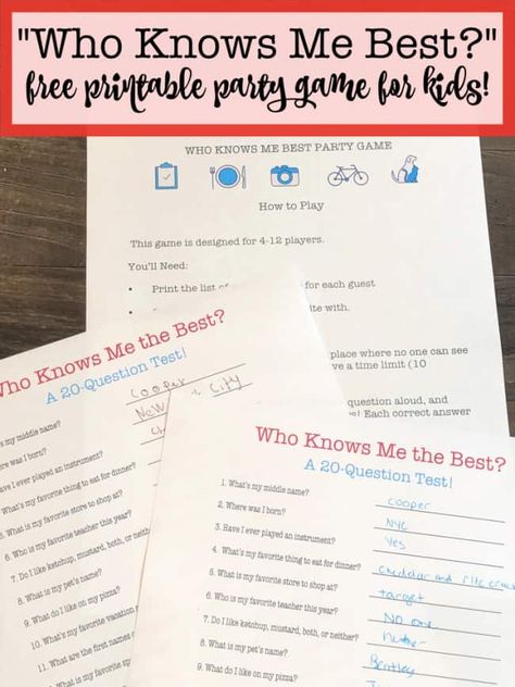 This fun and free printable party game for kids is perfect for kids birthday parties! Everyone thinks that they know the birthday boy or girl best- but this "Who Knows Me Best?" game will show you just how much they know or don't know!  #WhoKnowsMeBest #PartyGamesForKids #PrintablePartyGame #KidsBirthdayParties Easy Kids Party Games, Birthday Quiz, Who Knows Me Best, Birthday Party Games For Kids, Birthday Party At Home, Games For Boys, Birthday Activities, Fun Games For Kids, Party Printables Free