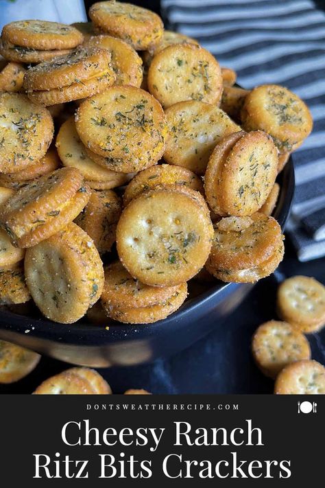 Cheesy Ranch Ritz Bits Crackers are the perfect snack for game days, barbecues, gatherings, parties, or movie nights at home! A poppable treat anytime! Cheesy Ranch Ritz Crackers, Cheesy Ranch Ritz Bits, Ritz Ranch Crackers, Ritz Bitz Cheese Crackers, Ritz Bits Snacks, Snack Mix With Ritz Bits, Cheesy Ranch Crackers, Ritz Bits Ranch Crackers, Ritz Cheese Cracker Recipes