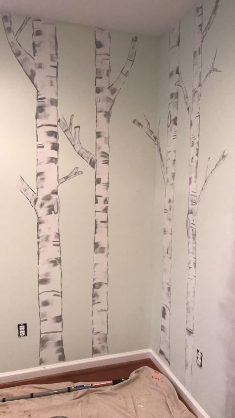 Birch tree mural Paint Trees On Wall Diy, Diy Tree Mural, Aspen Mural, Nursery Class Decoration, Birch Tree Mural, Woodland Classroom, Play Beds, Birch Tree Painting, Tree Mural