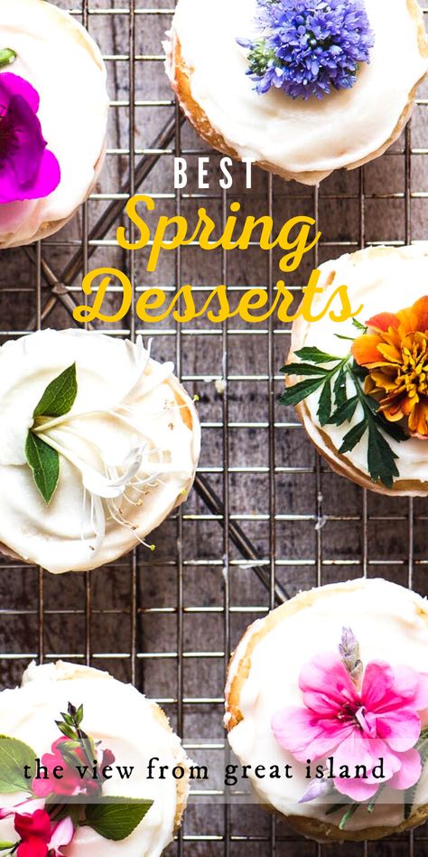 flower topped spring cupcakes on a rack Rhubarb Compote, Lemon Layer Cakes, Mothers Day Desserts, Spring Recipes Dessert, Pink Desserts, Most Popular Desserts, Strawberry Glaze, Rhubarb Crumble, Popular Desserts