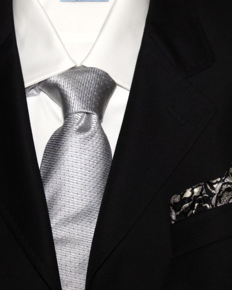 Silver tie 3 Black Suit With Silver Tie, Silver Tie Black Suit, Black Suit Silver Tie, Elegant Silver Suit And Tie Accessories For Black-tie Events, Adjustable Silver Ties For Black Tie Events, Elegant Tailored Ties For Black-tie Events, Men Suit Outfit, Prom 2k23, Matric Dress